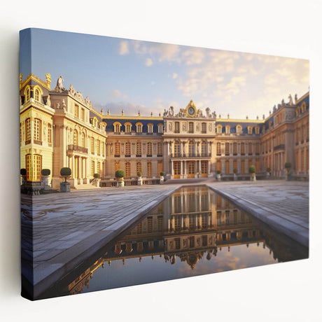 Large art print of Versailles gardens in muted green and beige tones on stretched canvas, suitable for kitchen wall art.