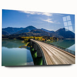 Acrylic print of a serene Bavarian landscape in soft blue and green tones, suitable for bedroom or dining room decor.
