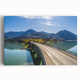Black and white photograph of Bavarian landscape on stretched canvas, suitable as kitchen wall art or for bedroom ambiance.