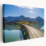 Large art print of a Bavarian landscape on stretched canvas, featuring green tones and a serene lake.