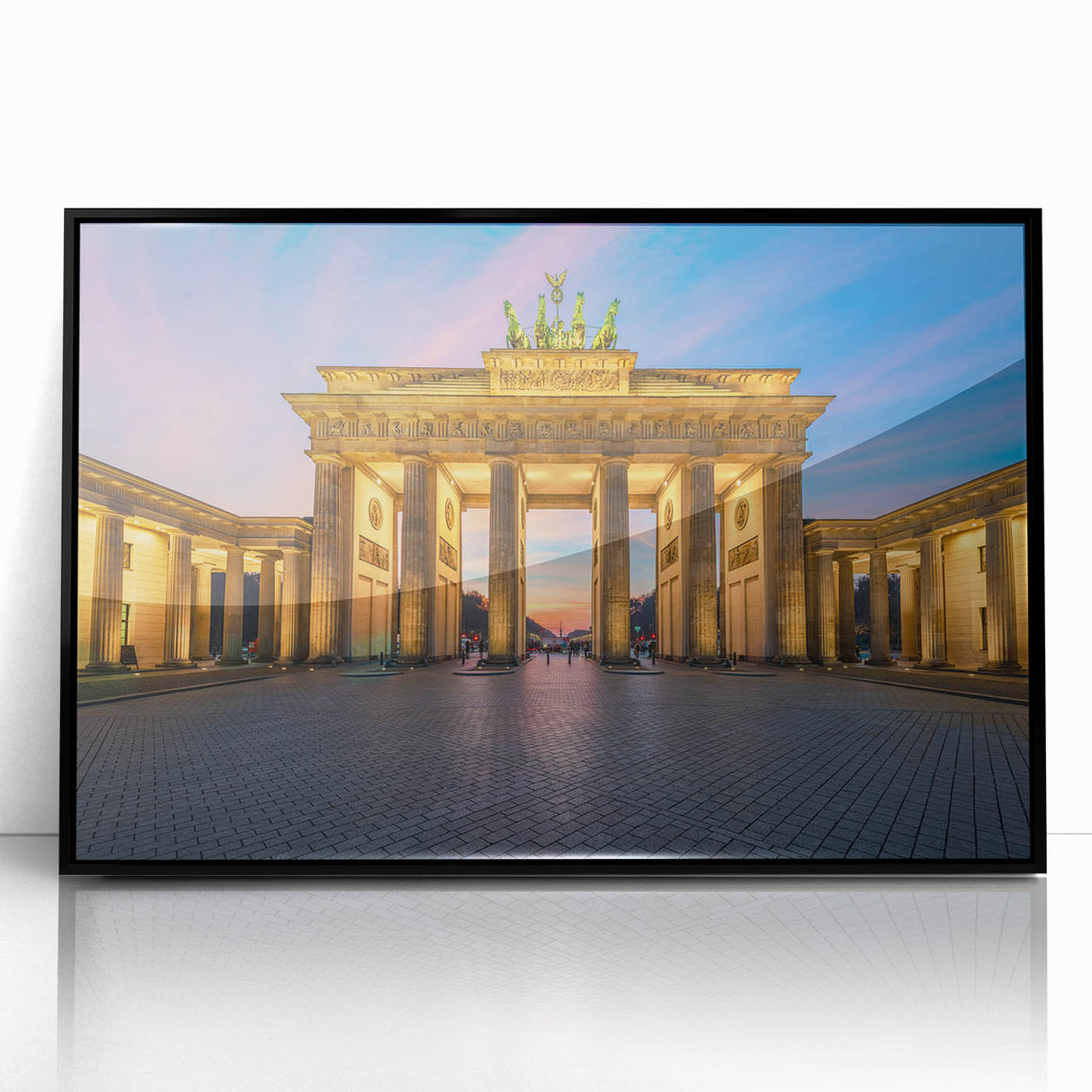 Large abstract wall art depicting Berlin's cityscape in muted gray and blue tones on a framed acrylic.