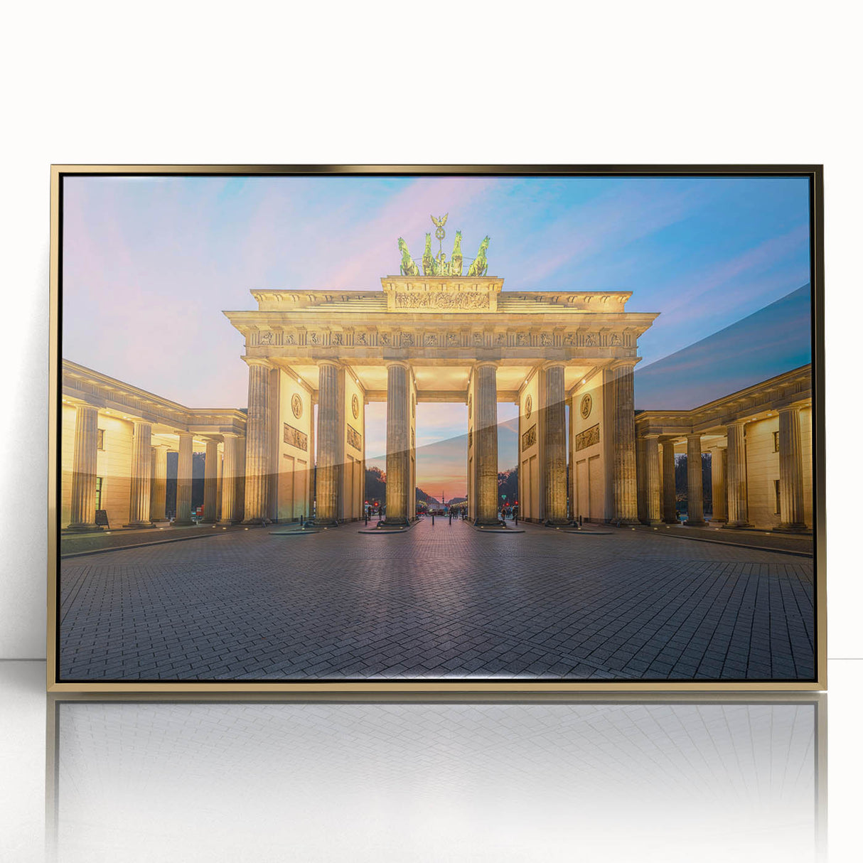 Art Deco poster of Berlin skyline in muted gold and gray tones on framed acrylic, suitable for modern art wall decor.