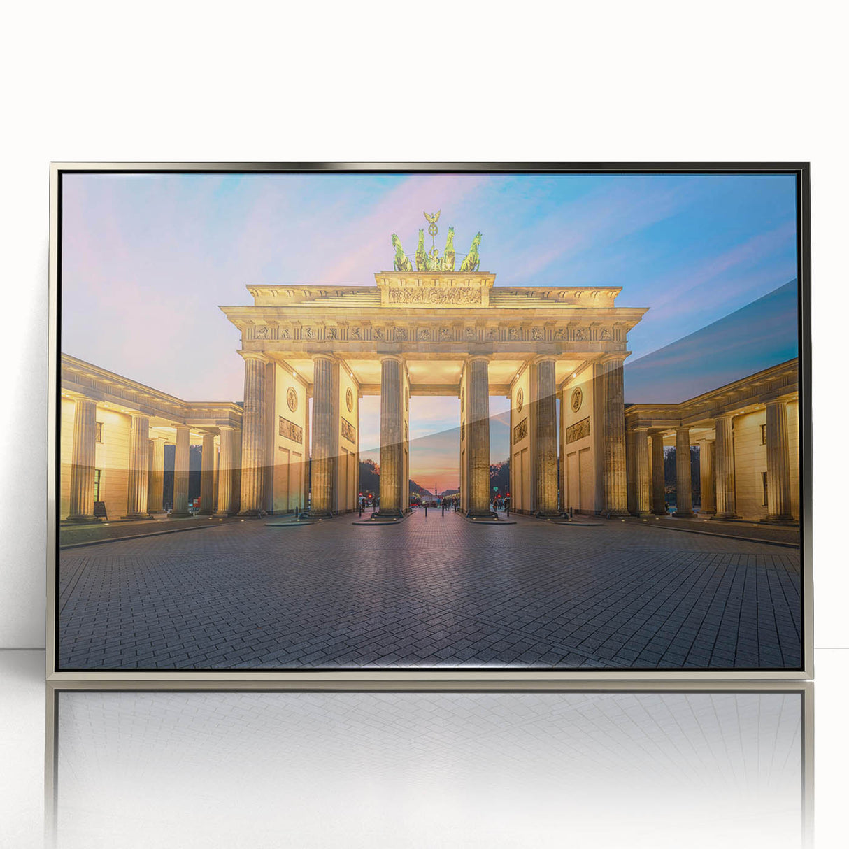 Mid-century modernist Berlin skyline in muted gray and blue tones on a framed acrylic, ideal for modern art wall decor.