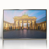 Mid-century modernist Berlin skyline in muted gray and blue tones on a framed acrylic, ideal for modern art wall decor.