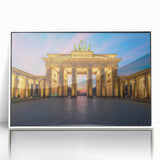 Mid-century modernist art of Berlin skyline in muted grays and blues on framed acrylic, suitable for modern art wall decor.