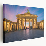 Large stretched canvas featuring a detailed Berlin cityscape in muted gray and blue tones, ideal for kitchen wall art.
