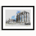 Extra large colorful art print of abstract Athens scenery on textured canvas, framed in black, ideal for living room decor.