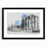 Extra large colorful art print of abstract Athens scenery on textured canvas, framed in black, ideal for living room decor.