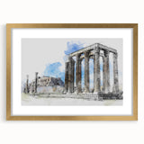 Abstract art print of Athens with muted earth tones on a framed gold mat, ideal for dining room decor.