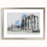 Extra large wall art of abstract Athens scenery in textured silver frame, ideal for living room decor.