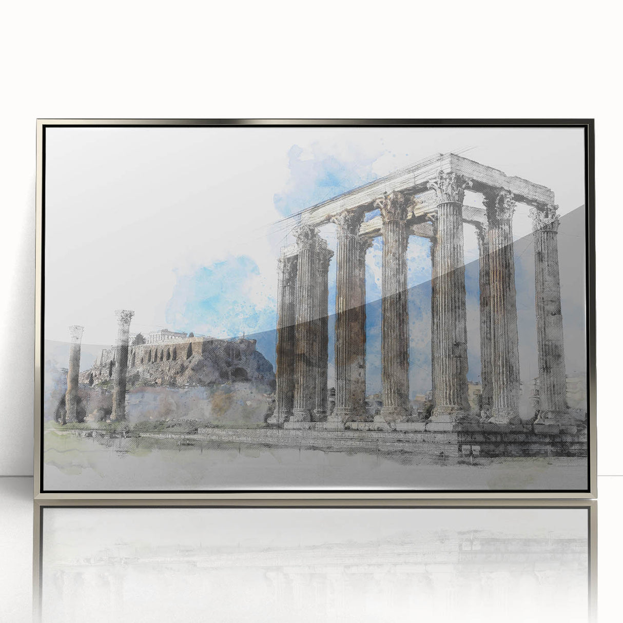 Large art print of Athens scenery in muted earth tones on a silver-framed acrylic, suitable for modern art wall decor.