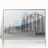 Mid-century modernist art of Athens skyline in muted blue and white tones on framed acrylic.