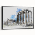 Black and white framed canvas depicting a vintage poster art of Athens landscape, ideal for bedroom decor.