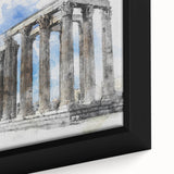 Extra large framed canvas of a textured black wall art depicting colorful Athens scenery, ideal for living room decor.