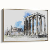 Framed canvas depicting a vintage-style landscape painting of Athens, Greece in muted earth tones.