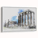 Vintage poster art of Athens with colorful accents on extra large framed canvas, ideal for living room decor.