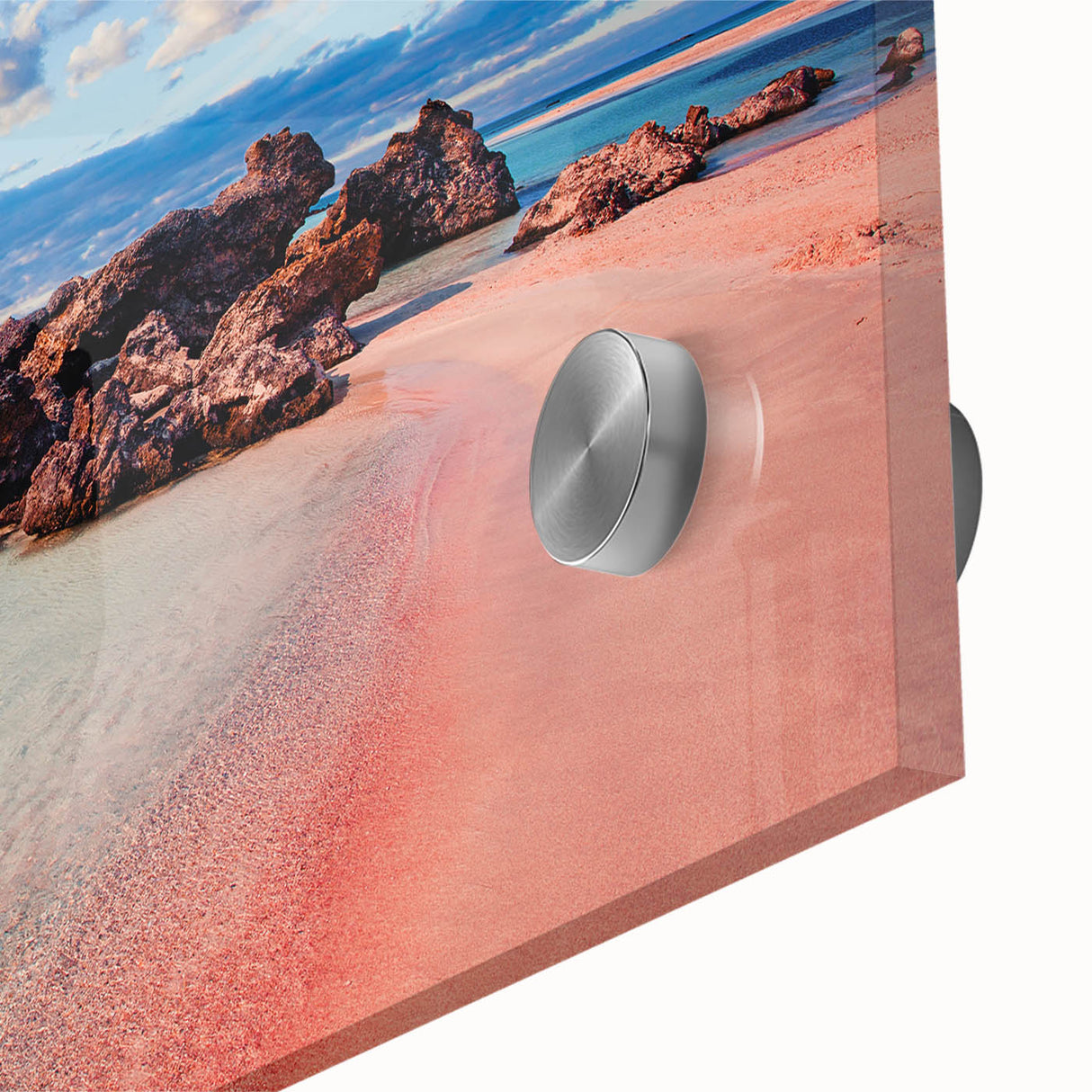 Large abstract wall art depicting a European scenery in Crete with muted blue and white tones on acrylic glass.