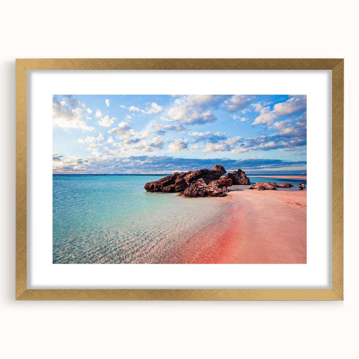 Abstract art print of a European scenery in Crete with muted earth tones, framed in gold, ideal for dining room decor.