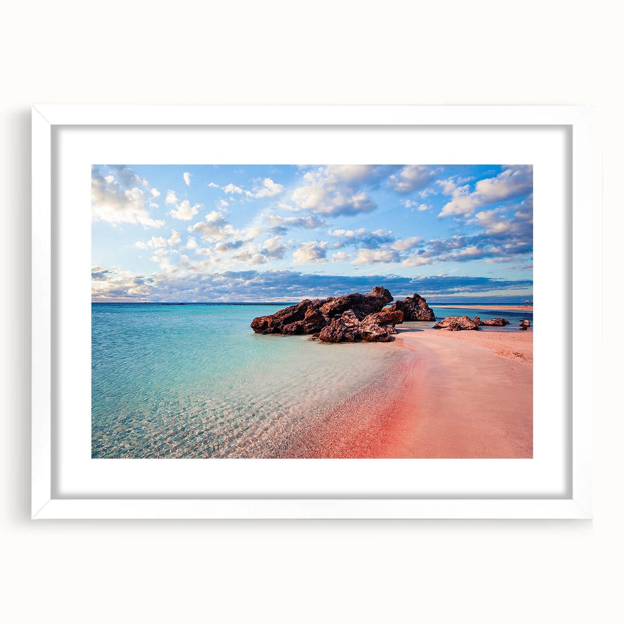 Textured art print of abstract Crete scenery in muted earth tones on a white framed mat, ideal for bedroom art.