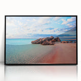 Large abstract wall art depicting the Crete, Greece coastline in muted blue and white tones, framed in black acrylic.