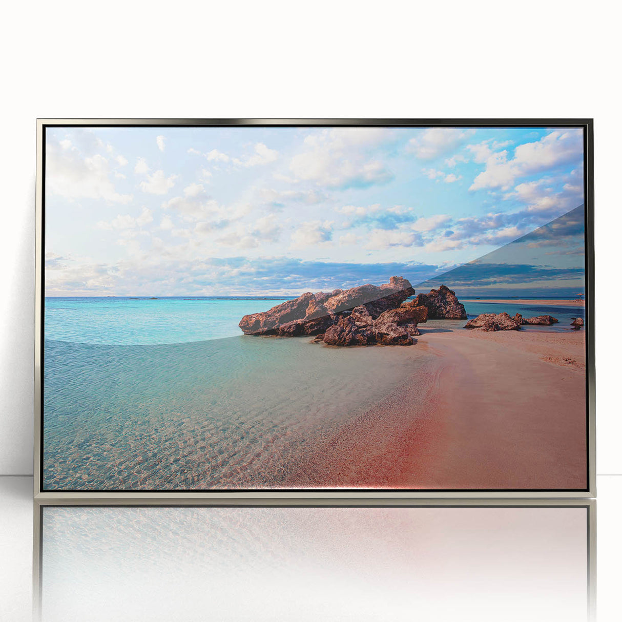 Acrylic print of Crete, Greece scenery in muted earth tones, framed in silver, suitable for modern art wall decor.