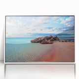 Mid-century modernist art of Crete, Greece scenery in muted earth tones on a framed acrylic, ideal for nursery wall art.