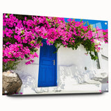 Acrylic print of Santorini landscape with vivid blue and white tones, suitable for bedroom or dining room decor.