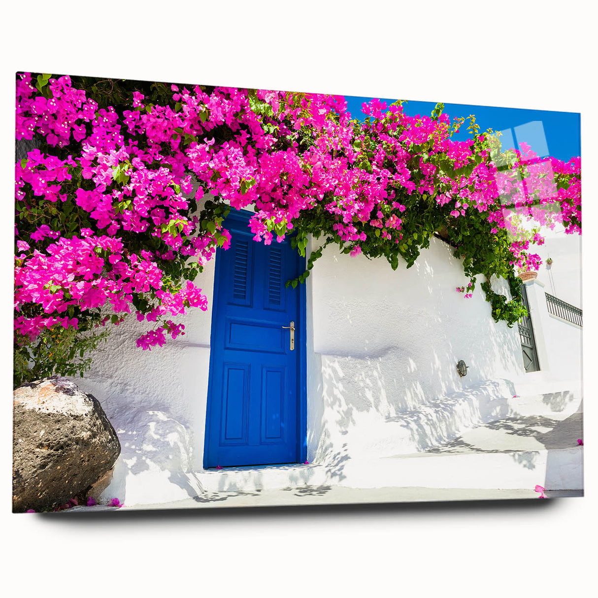 Acrylic print of Santorini scenery with vibrant blue and white tones, ideal for bedroom or dining room art.