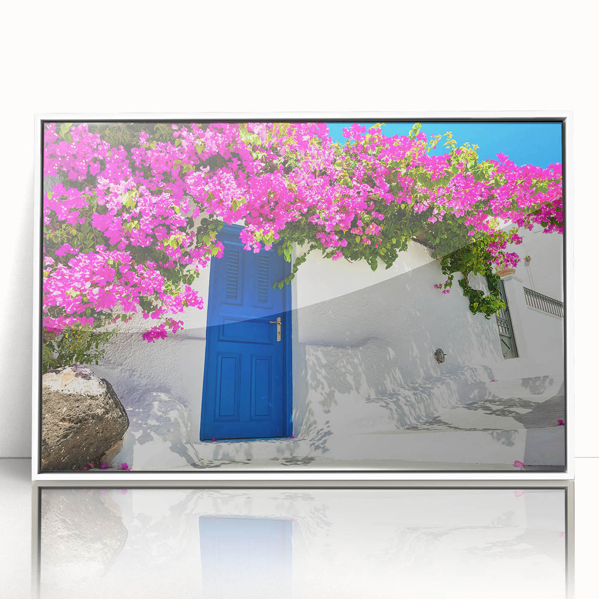 Mid-century modernist art of Santorini landscape in acrylic print, featuring white buildings against a blue sky.