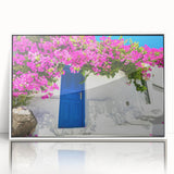 Mid-century modernist art of Santorini landscape in acrylic print, featuring white buildings against a blue sky.
