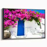 Black and white framed canvas of Santorini landscape, ideal for bedroom wall decor, featuring vintage poster art style.