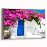 Framed canvas landscape art painting of Santorini with vibrant blue and white tones, ideal for living room decor.