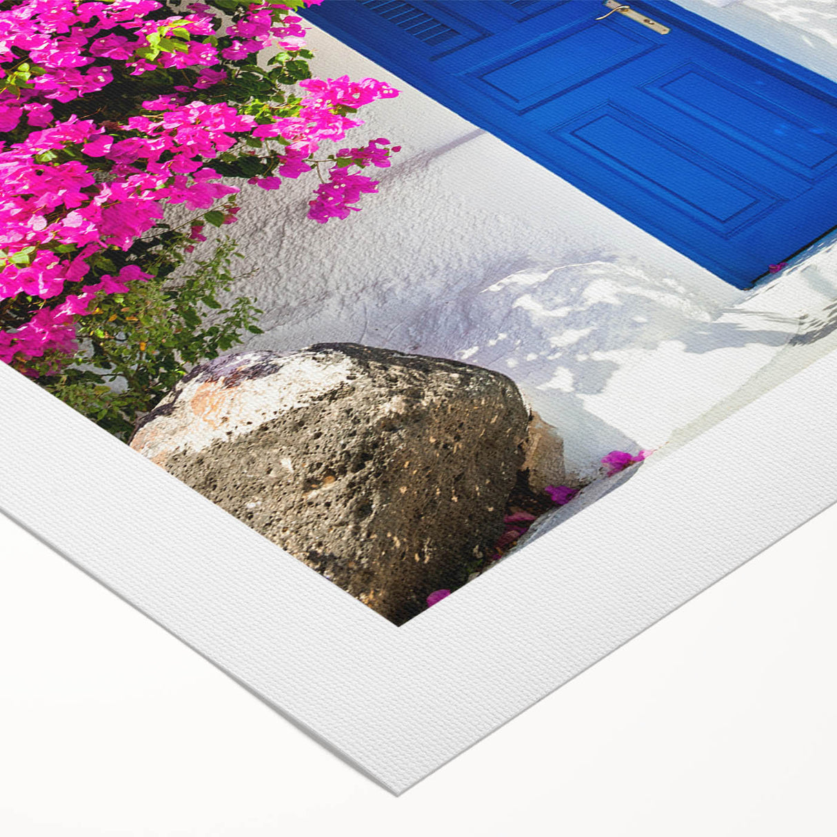 Art deco poster of Santorini with blue and white tones on rolled canvas, suitable for dining room decor.