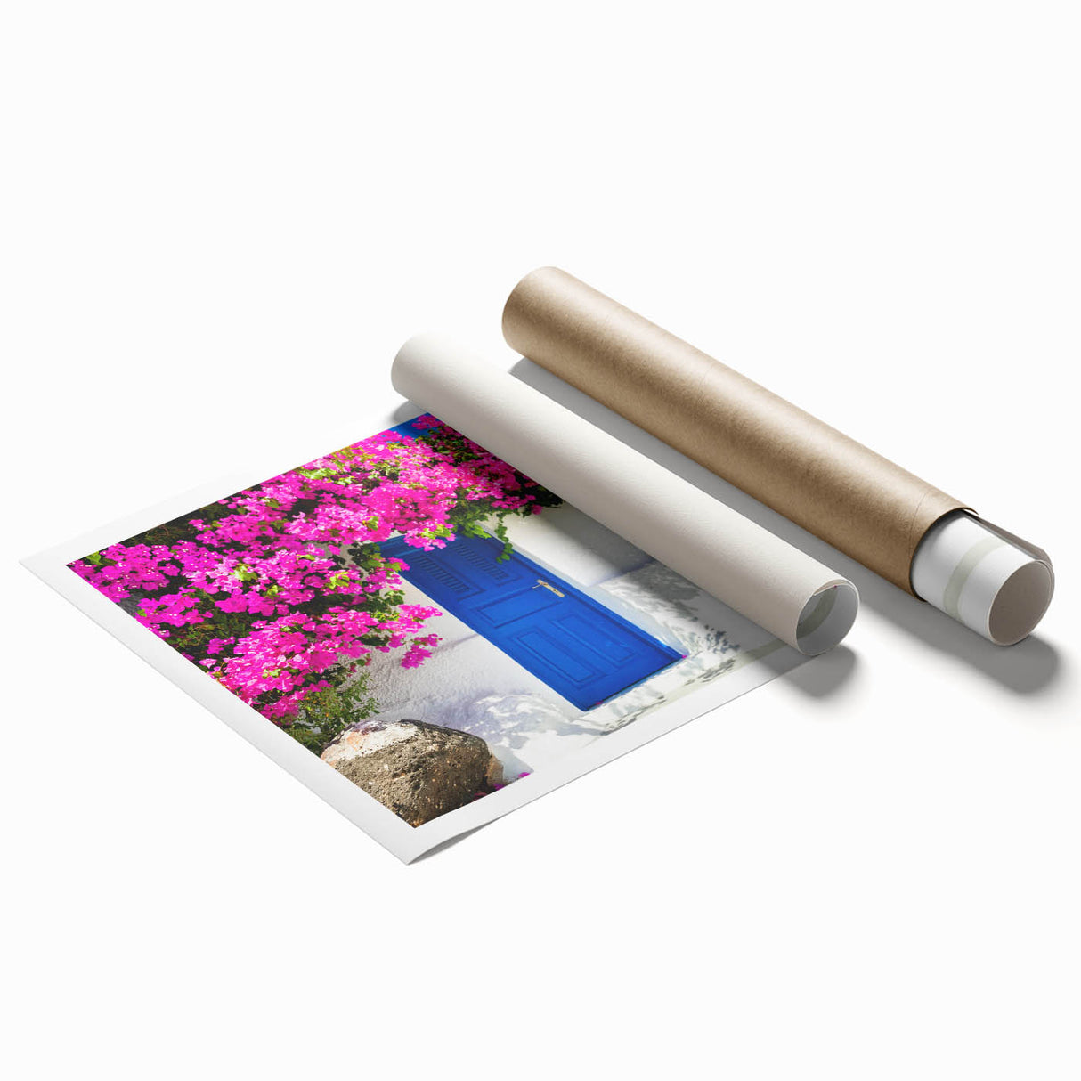 Rolled print of Santorini scenery with blue and white tones, ideal for classy bathroom wall art.