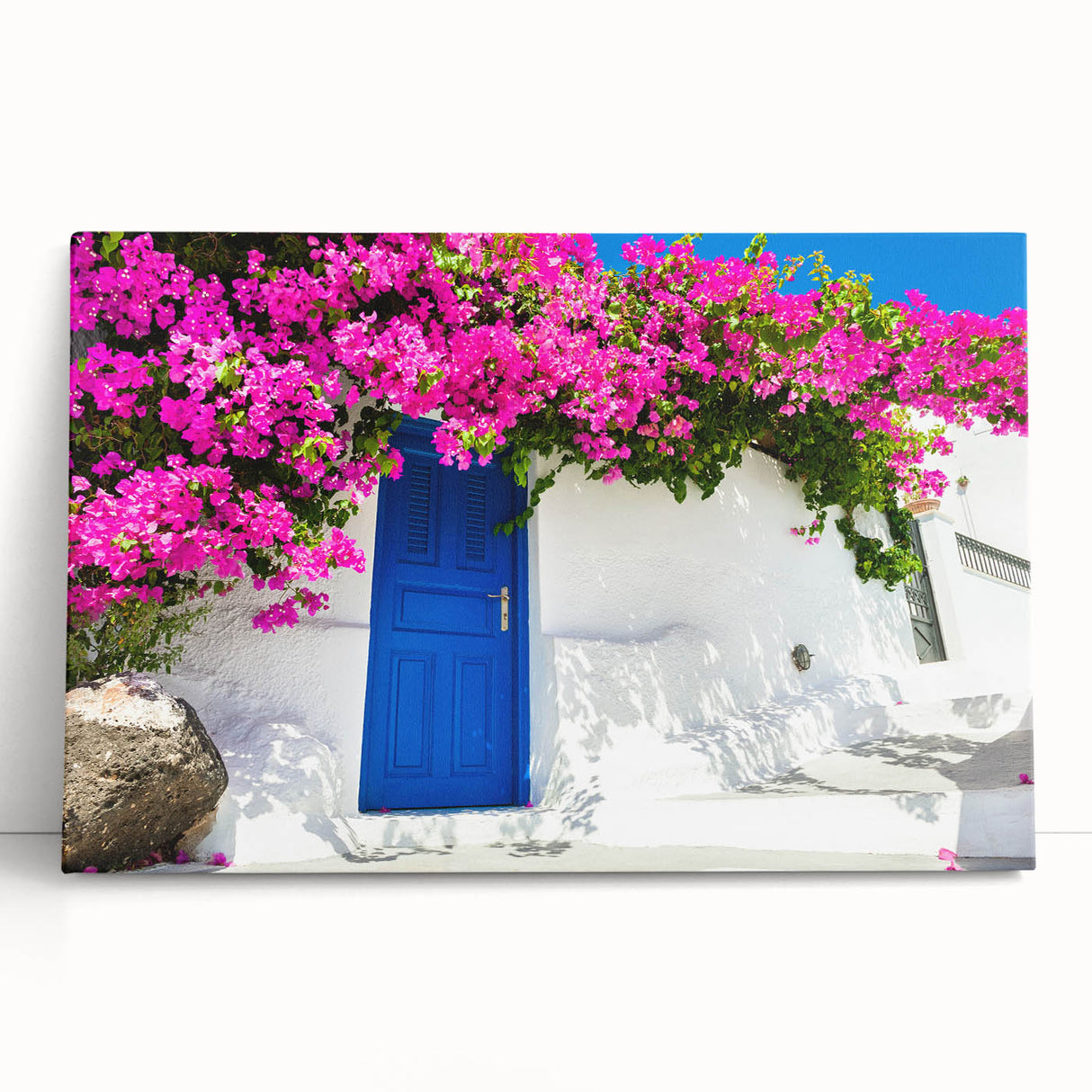 Black and white image of Santorini on stretched canvas, suitable as large kitchen wall art.