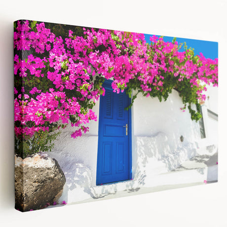 Large art of Santorini's white buildings against a blue sky on stretched canvas, suitable for kitchen wall art.