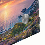 Acrylic print of a large abstract depiction of a European Greek landscape in muted earth tones, ideal for dining room art.