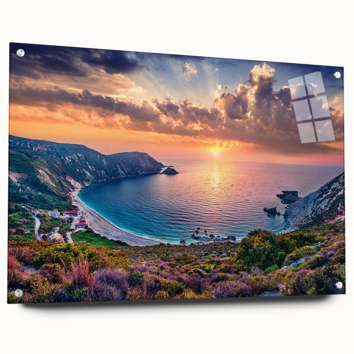 Acrylic print of a European Greek landscape in muted blue and white tones, ideal for dining room decor.