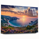 Acrylic print of a large abstract depiction of a European, likely Greek, coastal scene, in muted blue and white tones.