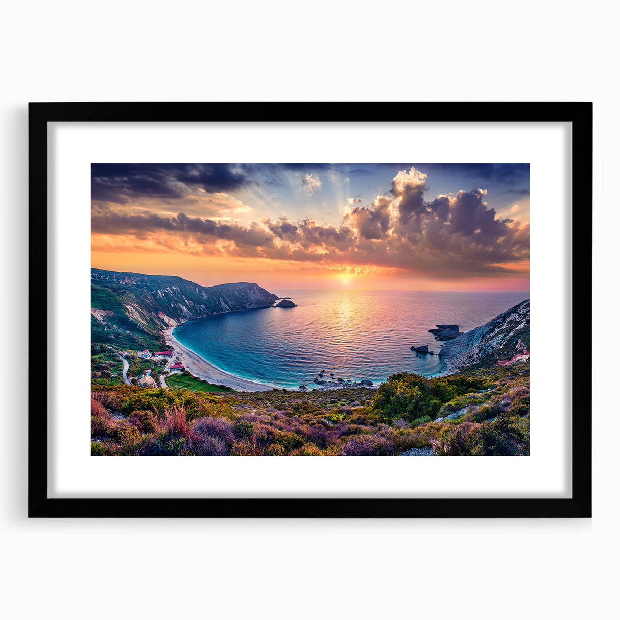Abstract art print featuring textured, colorful depiction of a European scenery in Greece on a large framed canvas.