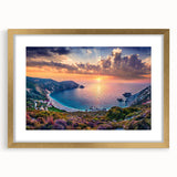 Abstract art print of a European scenery, using muted gold and blue tones on a framed canvas, suitable for dining room decor.