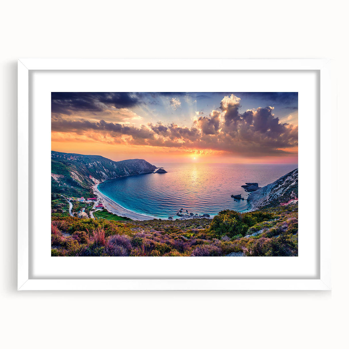 Textured abstract art print of a European scenery in Greece, featuring muted earth tones on a framed white mat.
