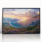 Large abstract wall art depicting a European coastal scene in muted blue and white tones, framed in black acrylic.