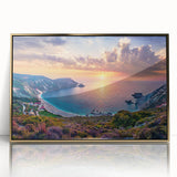 Art deco poster of a European Greece scenery in gold tones on framed acrylic, suitable as modern art wall decor.