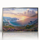 Large art print of a European Greek scenery in muted earth tones on a framed acrylic, suitable for modern art wall decor.