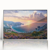 Mid-century modernist art depicting a European Greek scenery in muted blue and white tones on a framed acrylic panel.