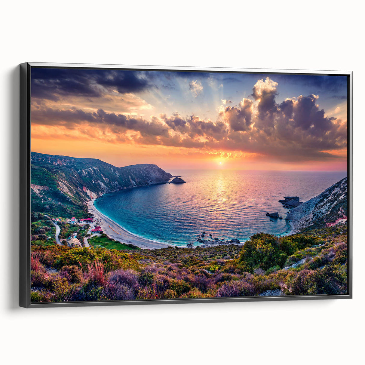 Black and white framed canvas featuring a vintage landscape painting of a European, possibly Greek, scenic view.