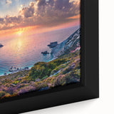 Extra large framed canvas depicting a textured, colorful depiction of a Greek coastal village, ideal for living room decor.