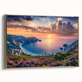 Framed canvas depicting a vintage-style landscape of Greece in muted gold and black tones, ideal for bedroom wall decor.