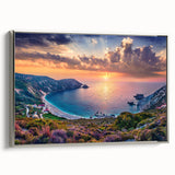 Landscape art painting of a scenic Greek village on framed canvas, featuring vibrant colors and vintage poster art style.